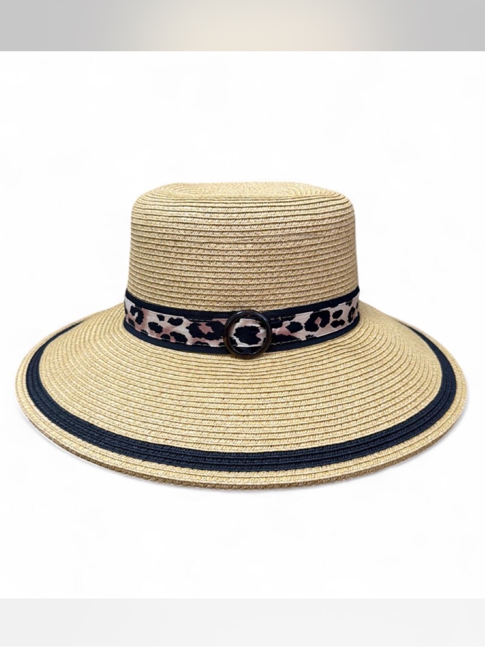 Nine West Beige Straw Sun Hat with Leopard Band and Black Trim One Size (O/S)